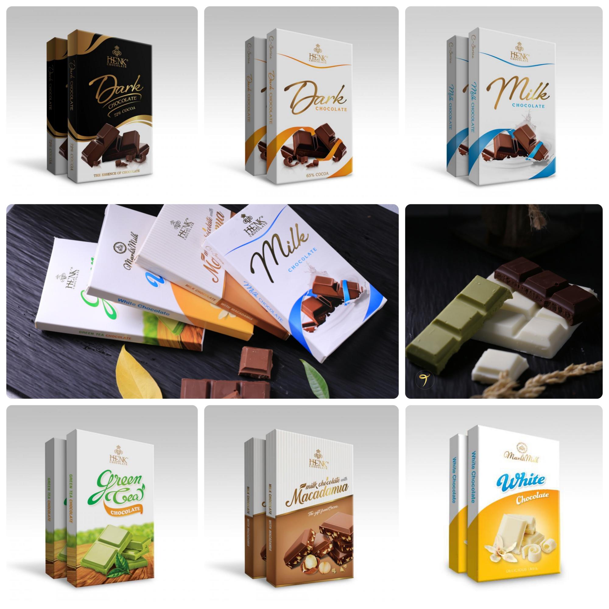Combo 6 thanh 50g (trắng, trà xanh, sữa, đen 65%, đen 72%, mắc ca) - Henk Chocolate