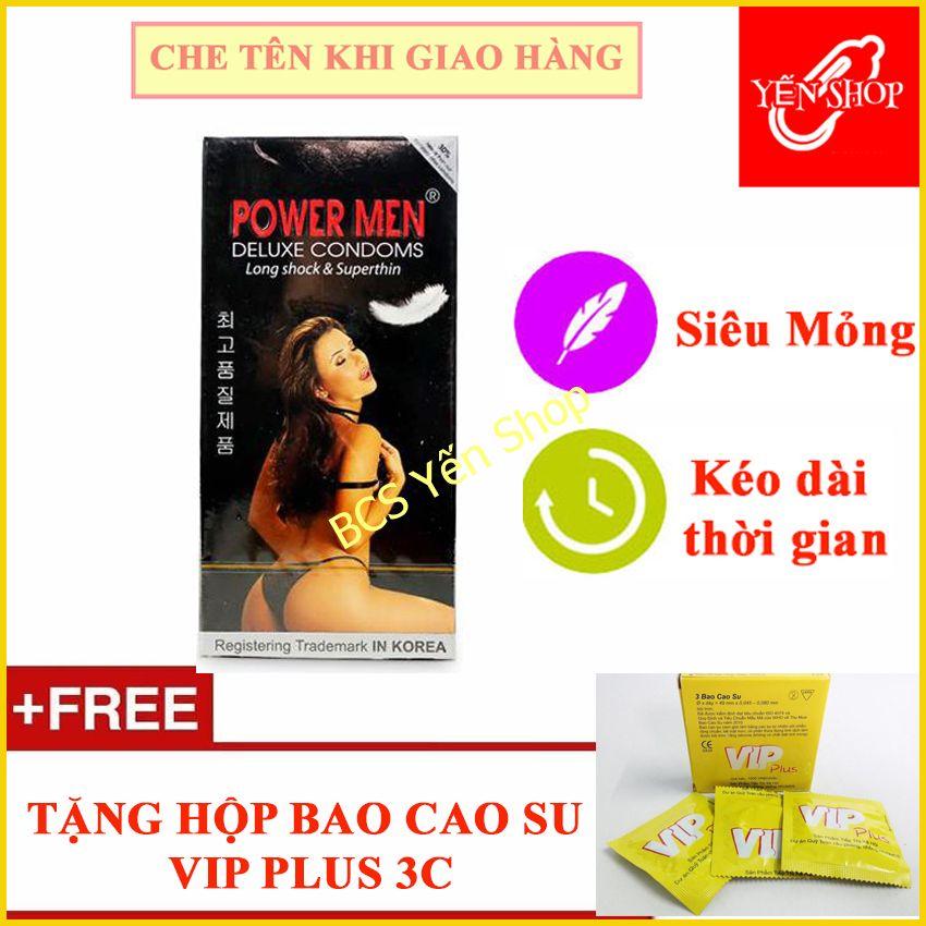 Bao cao su Siêu Mỏng Kéo Dài thời gian Powermen Longsock and Superthin Hộp 12c Tặng hộp bcs Vip Plus 3c (YSBCS)