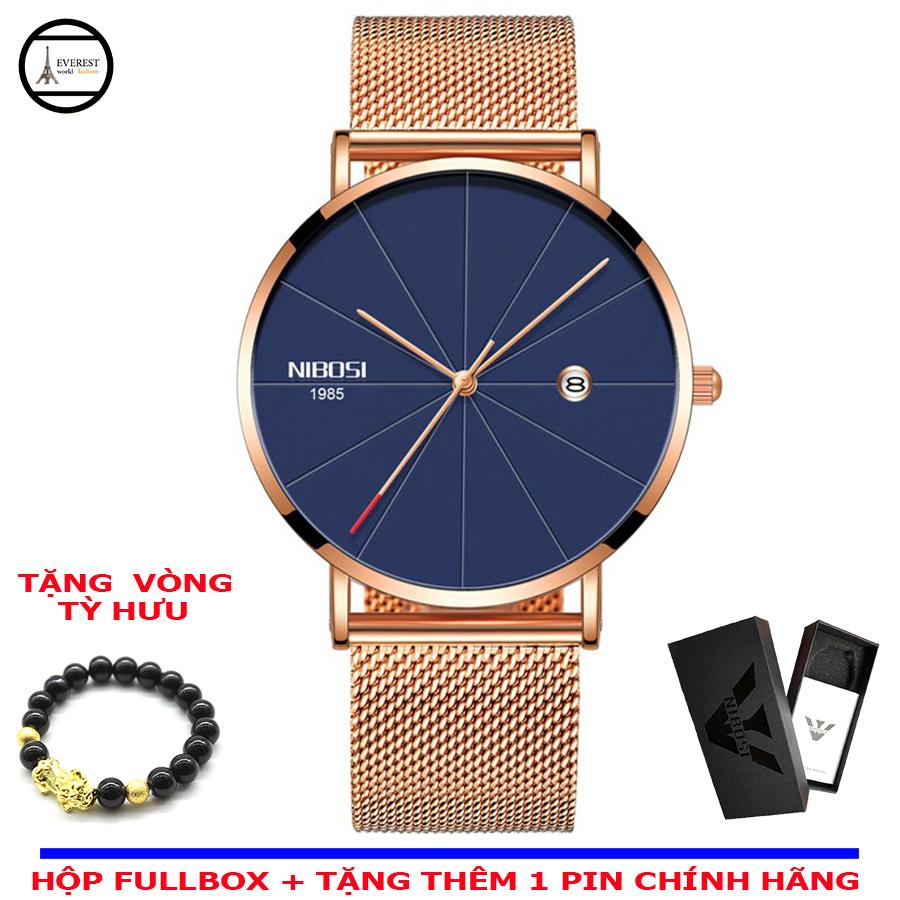 Đồng hồ nam, đồng hồ Nibosi 2321 dây lưới hồng mặt xanh + vòng tay tỳ hưu phong thủy