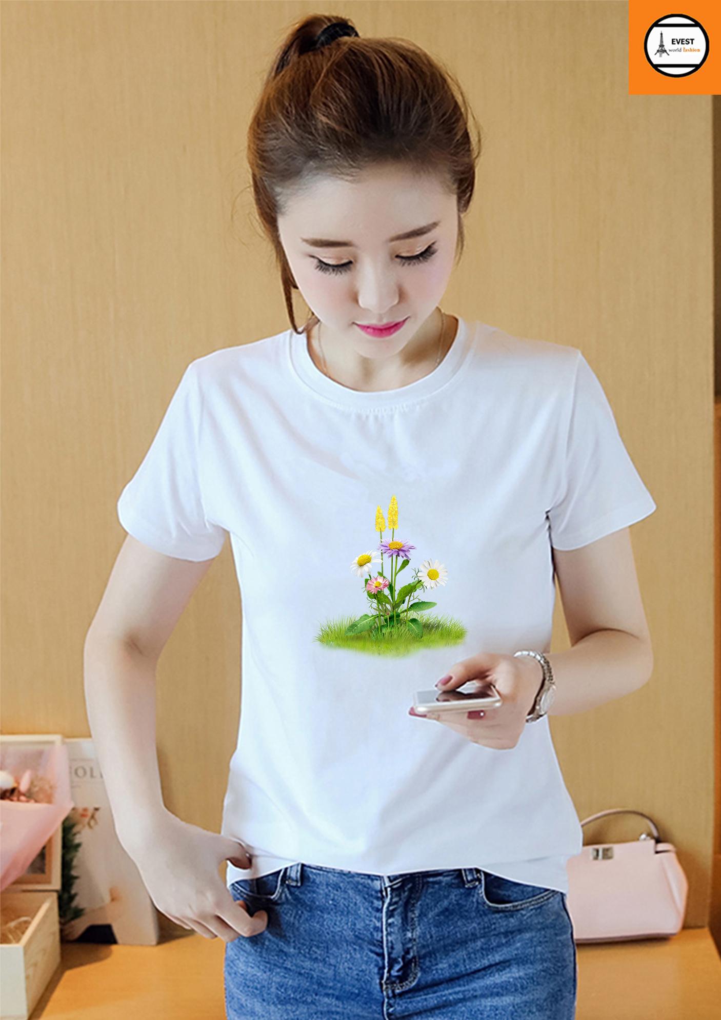 [HCM]Áo thun nữ cổ tròn in hình hoa cỏ form rộng vải dày mịn AoK1694