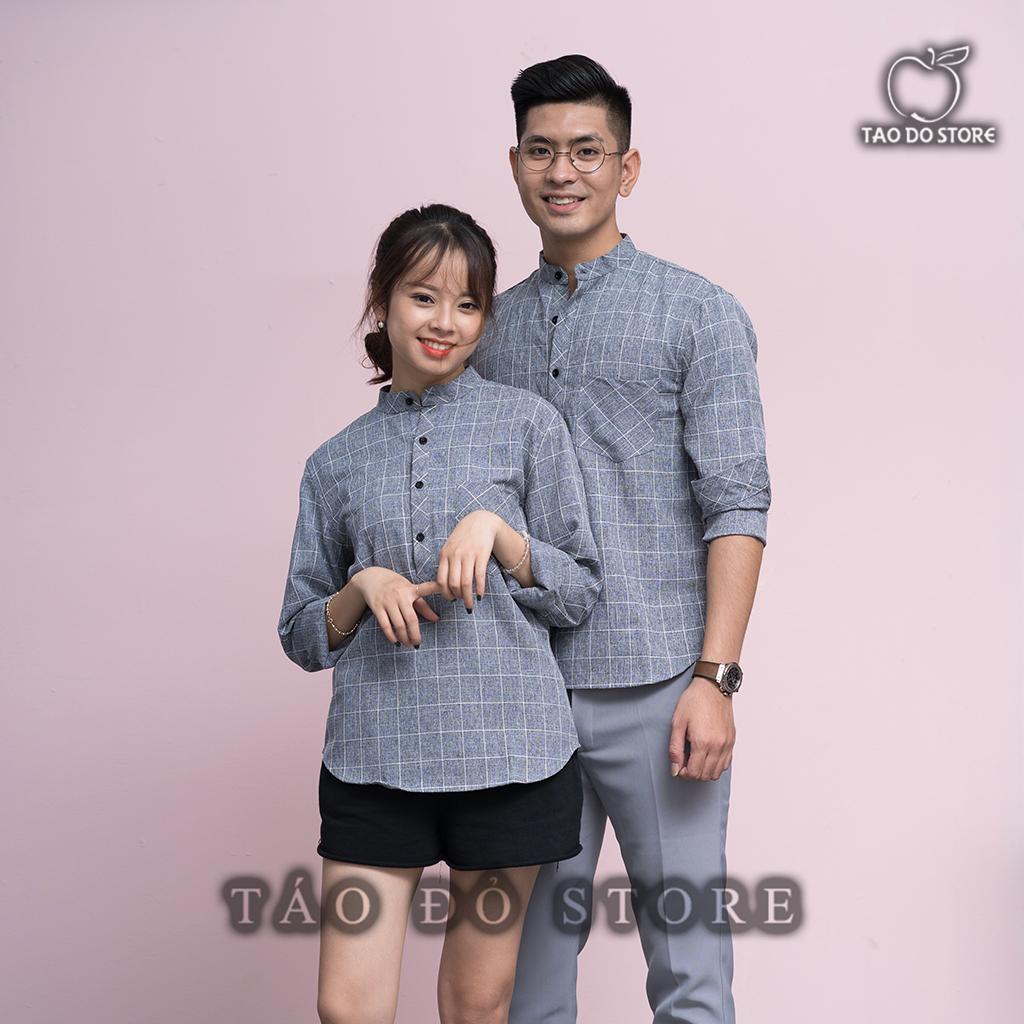 Áo Sơ Mi Cặp Đôi và Gia Đình Vải Đũi Kẻ Caro - SMT05  (Xám Đậm)
