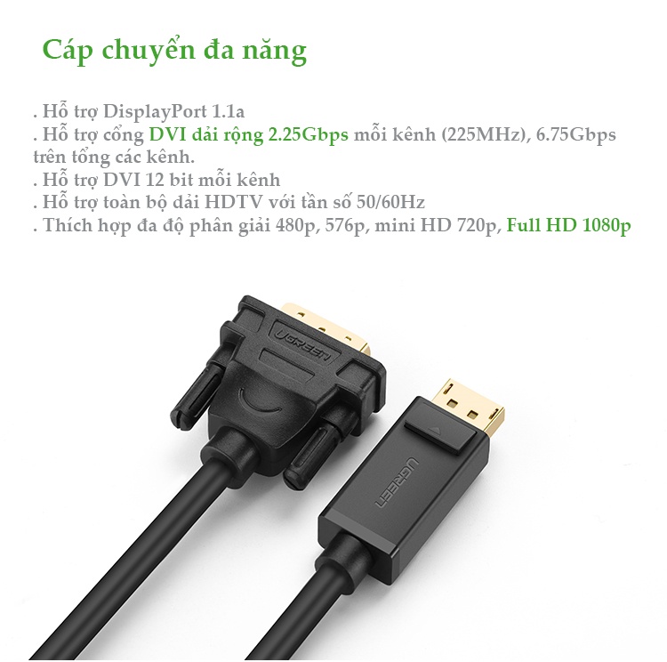 Dây cáp DisplayPort đực sang DVI-D (24+1) đực hỗ trợ 1920x1200 dài 1-8M UGREEN DP103 Dây cáp DisplayPort đực sang DVI-D (24+1) đực hỗ trợ 1920x1200 dài 1-8M UGREEN DP103