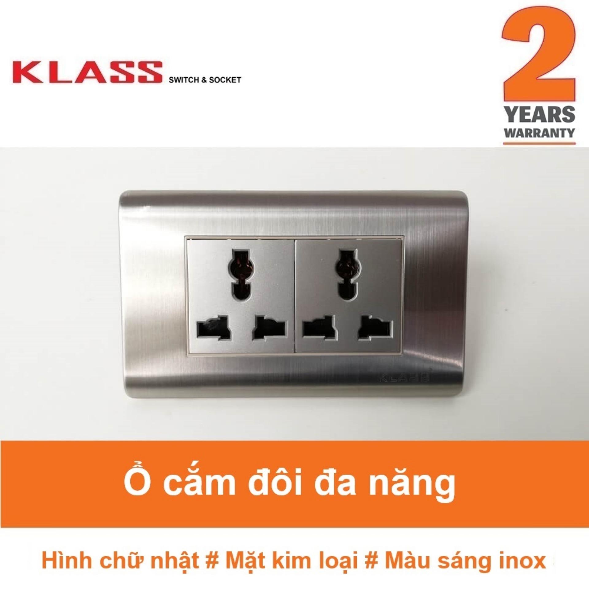 Ổ cắm đôi đa năng, hình chữ nhật, màu bạc sáng inox, KLASS 118KQ3-030