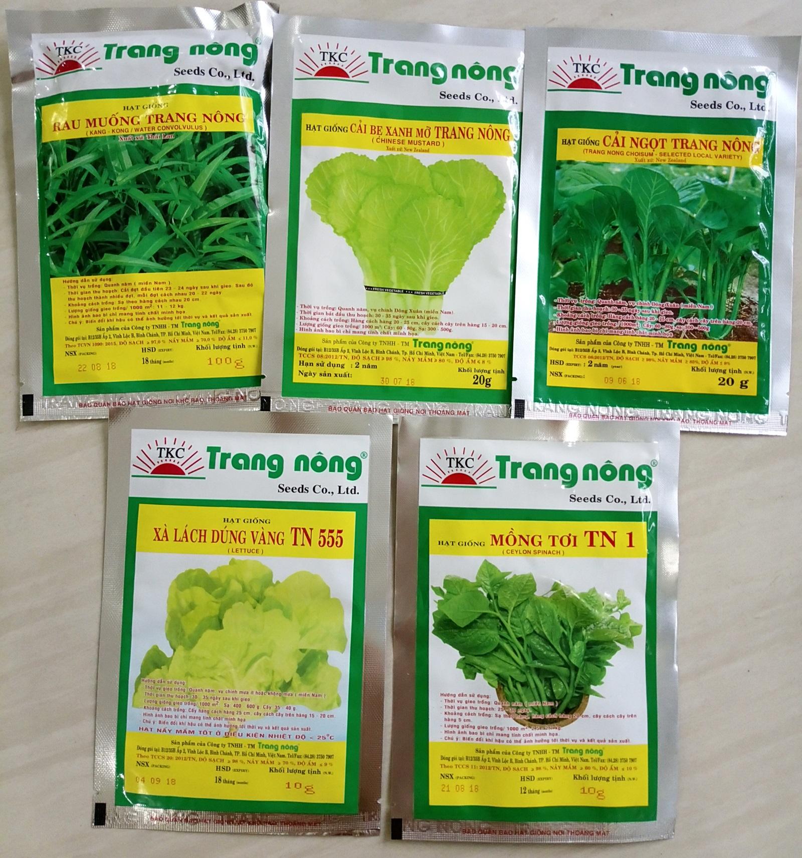 Combo 5 gói hạt giống rau ăn lá dễ trồng hiệu Trang Nông - Gồm 5 loại rau: Rau muống, cải bẹ xanh, cải ngọt, xà lách, mồng tơi Thương hiệu: Trang Nông Xuất xứ: Việt Nam