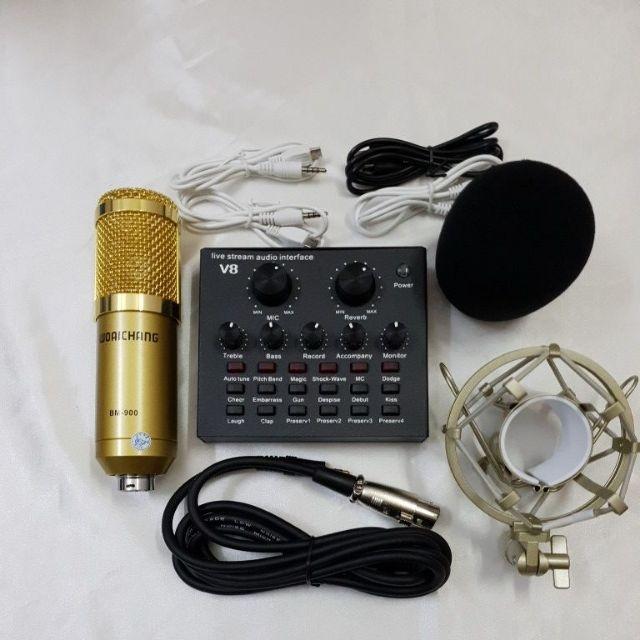 Míc thu âm livestream hát karaoke micro woaichang bm900 card v8