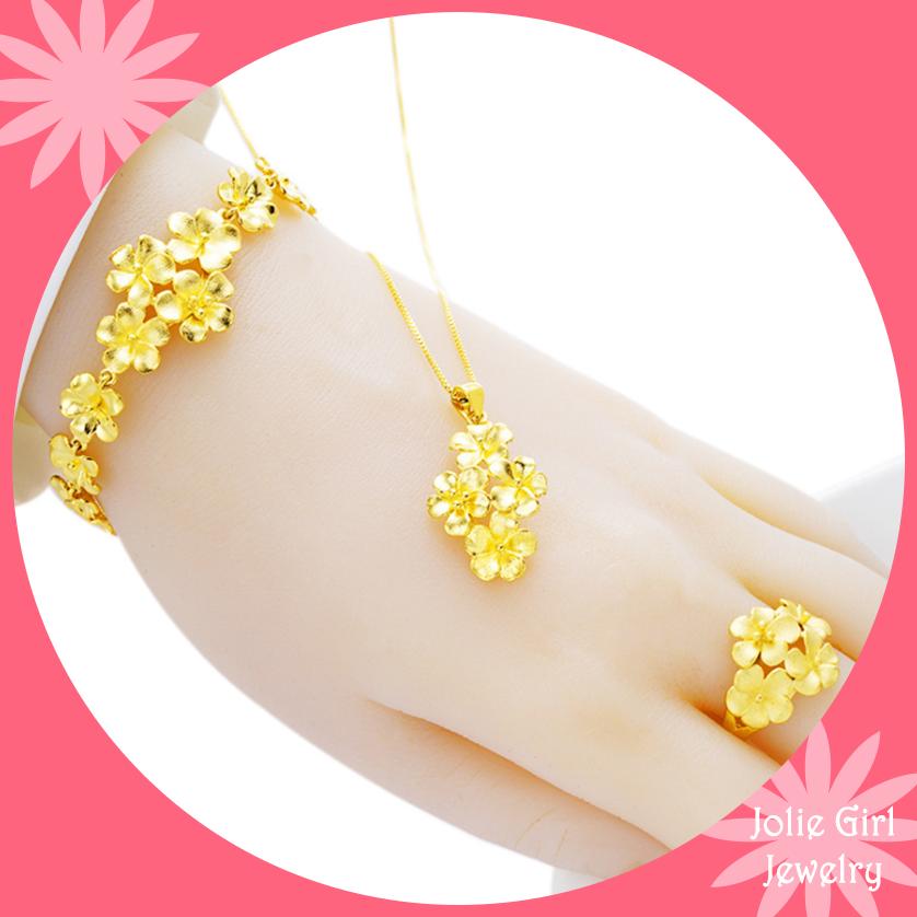 Bộ Trang Sức (Dây Chuyền, Vòng Tay, Nhẫn) Hoa Mai Mạ Vàng 24k BHM01