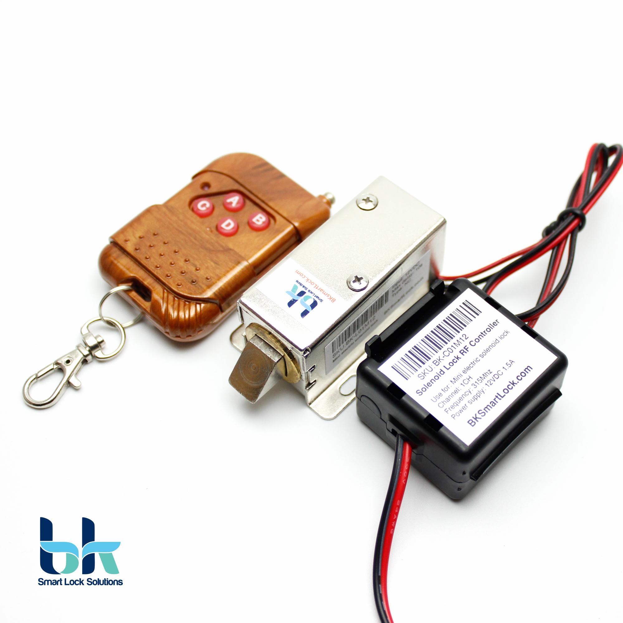 Bộ khóa cửa điện từ BK Smart Lock BK-C01M12, chốt vát 12V, remote điều khiển 315 Mhz