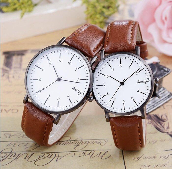 Đồng hồ đôi Kasiqi dây da cao cấp size nam 38 size nữ 34mm