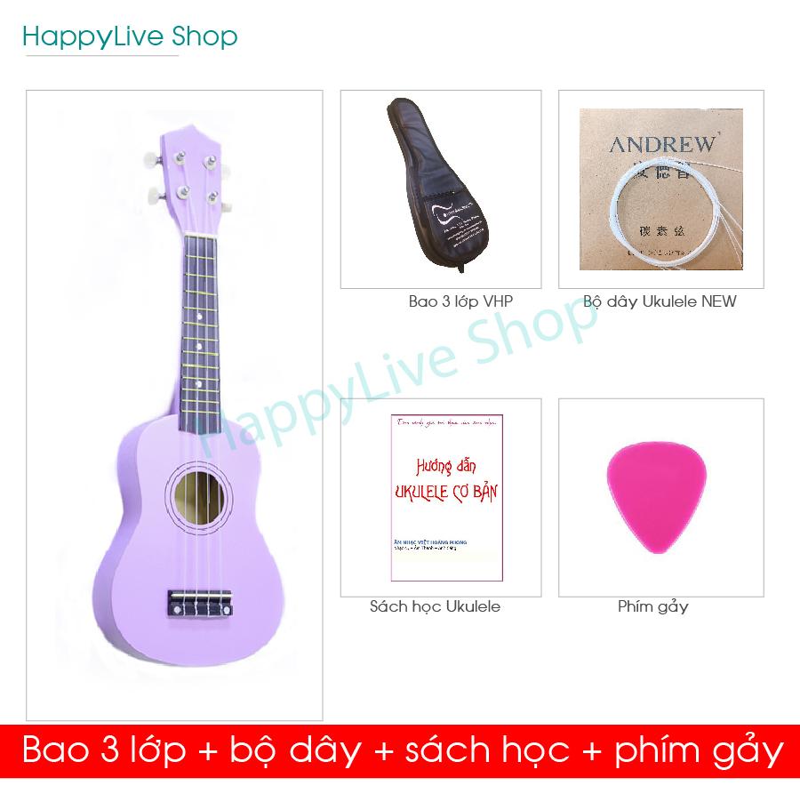 [HCM]Đàn Ukulele Tím Soprano + Bao da 3 lớp + Bộ dây dự phòng + Phím gảy Alice + Sách học - HappyLive Shop