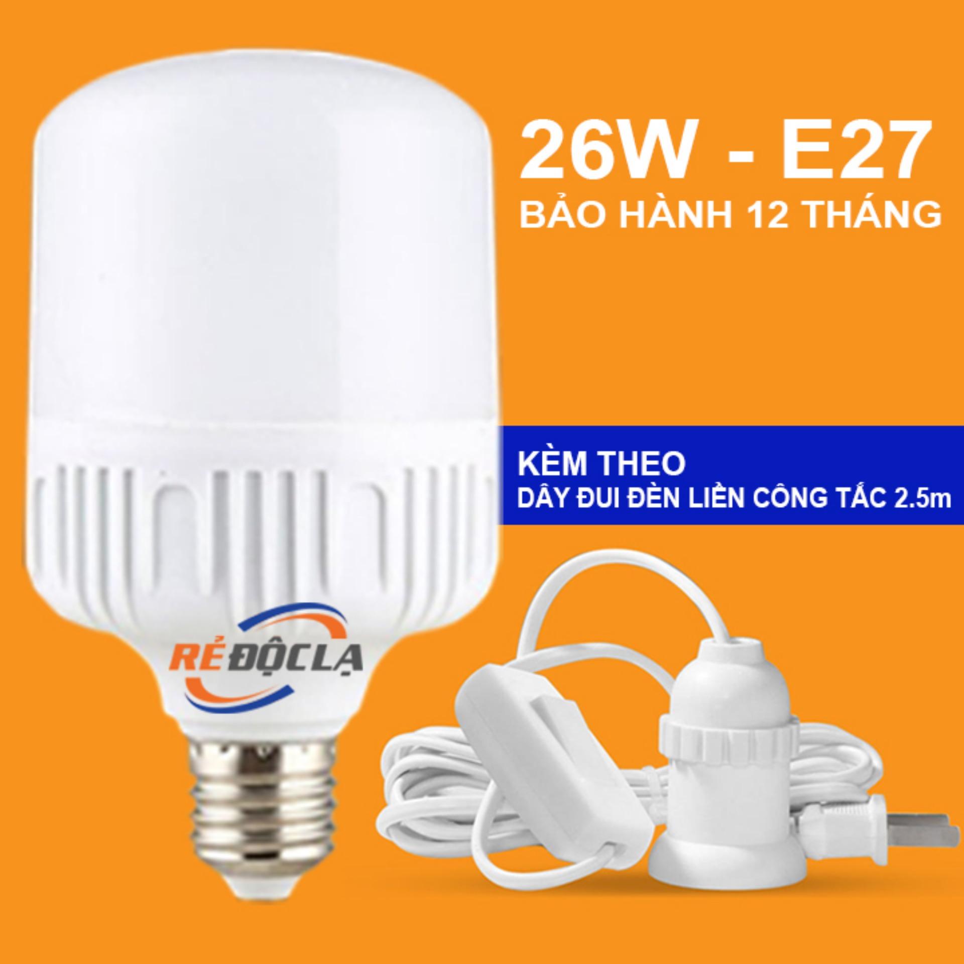 Bóng đèn Led tiết kiệm điện HG 26w (Tặng kèm đuôi đèn liền công tắc 2.5m)