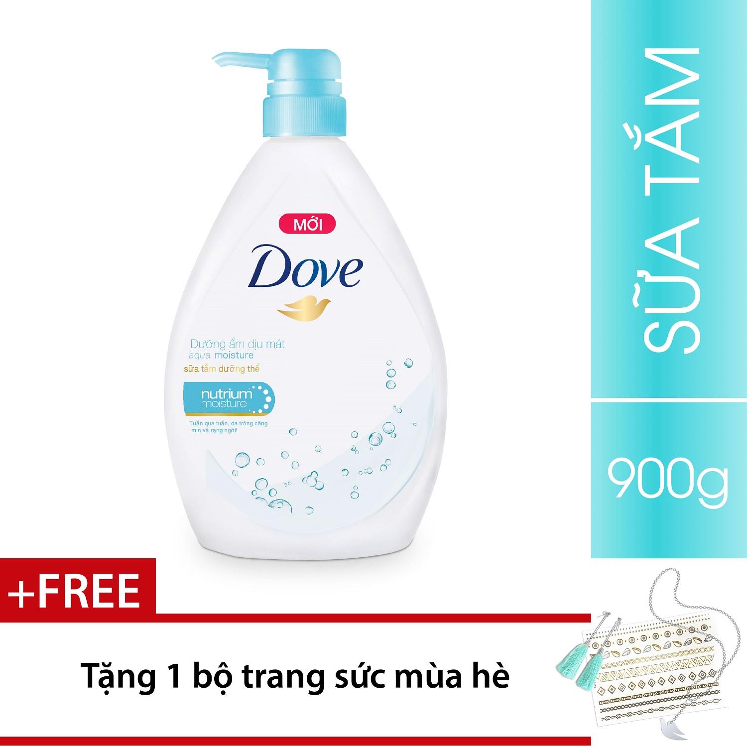 Sữa Tắm Dove Dưỡng ẩm dịu mát Aqua 900g + Tặng 01 Bộ trang sức mùa hè
