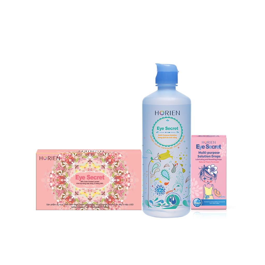Combo kính áp tròng màu dùng 6 tháng, dung dịch ngâm 360ml và nhỏ mắt 15ml Eye Secret
