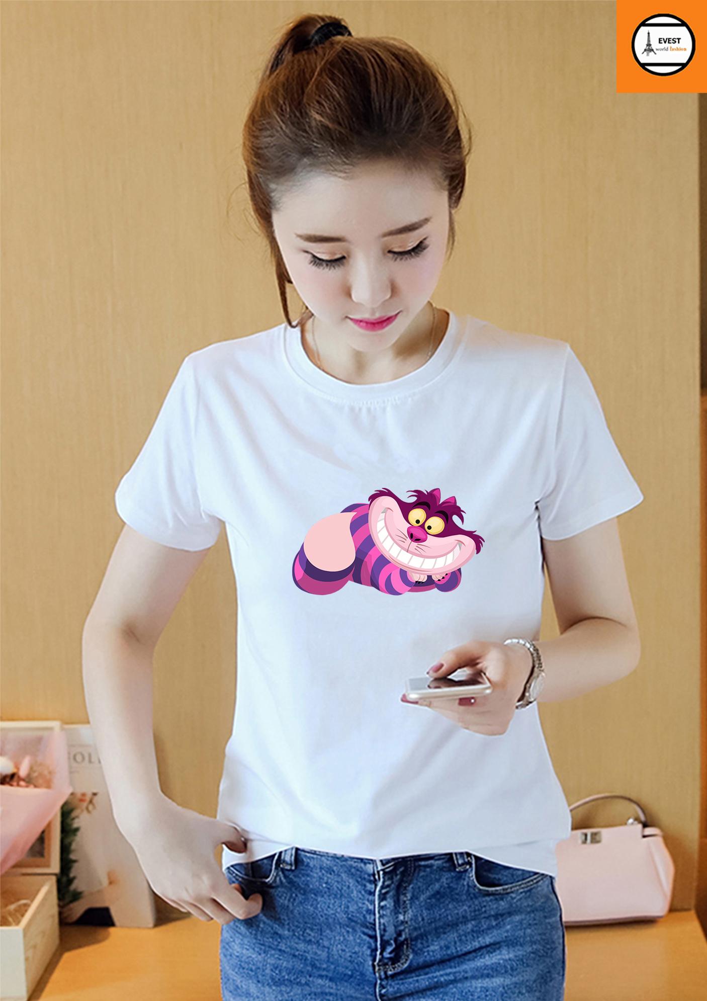 [HCM]Áo thun nữ cổ tròn in hình mèo chibi form rộng vải dày mịn AoK1730