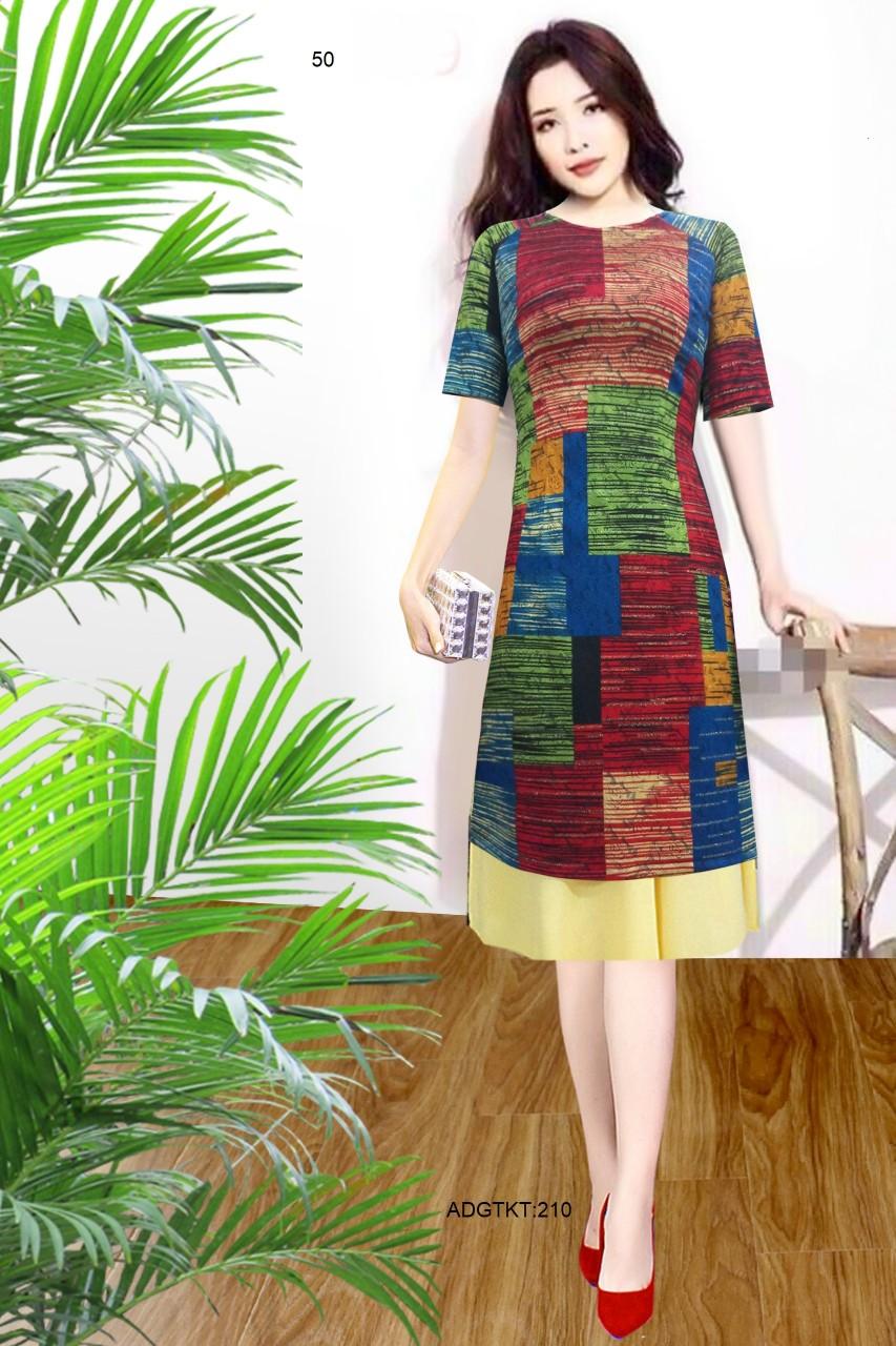 Áo dài cách tân gấm thun + chân váy - họa tiết - xưởng áo hạnh phúc