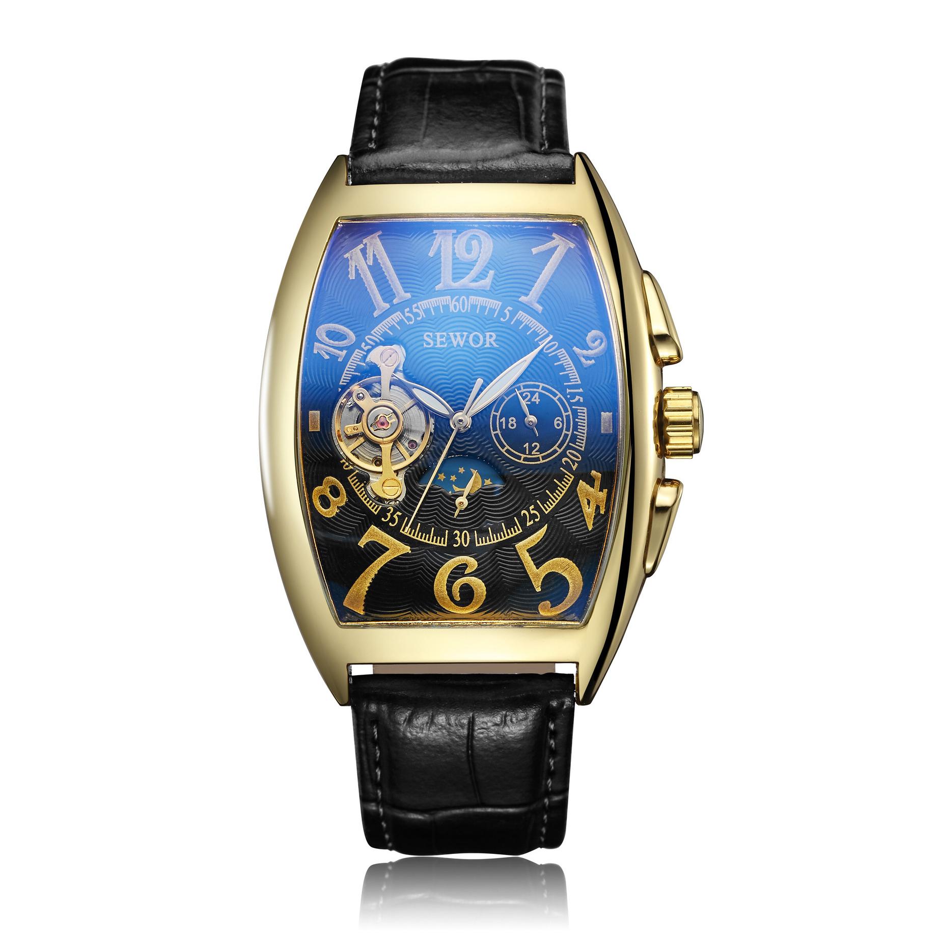 Đồng hồ cơ nam dây da lộ máy SEWOR cổ điển 5 kim ST-SW02