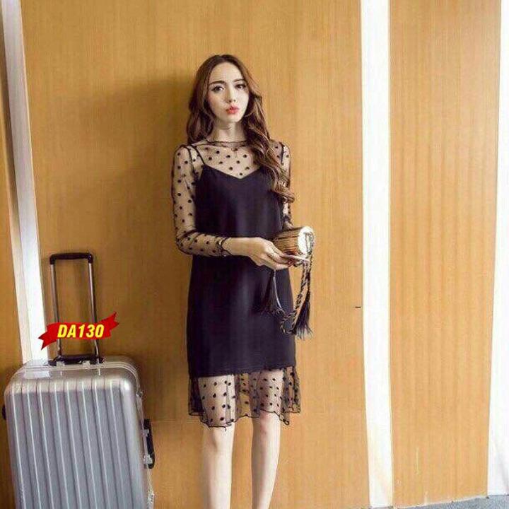 Đầm Suông Form Rộng Chấm Bi Dáng Dài Chất Lưới Kèm Lót Phù Hợp Dự Tiệc, Đi Chơi, Đi Tiệc, Đàm Cưới Thiết Kế Teen Phong Cách Hàn Quốc Mới 2019 (Trắng, Đen, Da) - GiaNguyen.Store