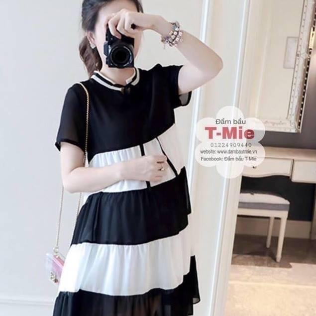 Váy bầu voan đen phối trắng 3 tầng