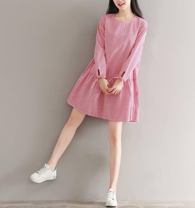 Váy bầu đuôi cá kẻ caro nhỏ đỏ đb 1122
