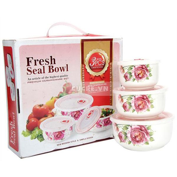 Bộ 03 bát sứ nắp hút chân không men ngọc cao cấp