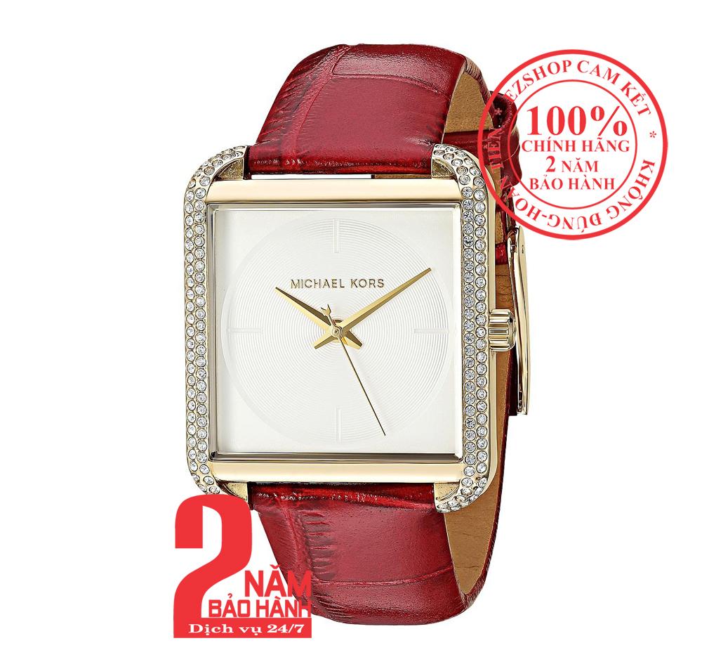 Đồng hồ nữ Michael Kors MK2623, vỏ Vàng (Gold), viền đá pha lê Swarovski, dây da màu đỏ (Red), size 32mmx39mm - MK2623