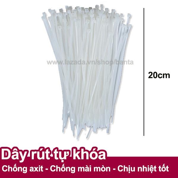 Bộ 100 dây rút tự khóa nhựa PA66 chống axit, chống mài mòn, chịu nhiệt tốt, chống cháy cấp độ UL94V-2 (dài 20cm)