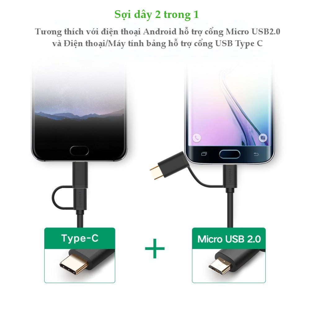 Dây USB đa năng 2 trong 1 đầu ra Micro-USB và USB Type C dài 0.25-2M UGREEN US142 Dây USB đa năng 2 trong 1 đầu ra Micro-USB và USB Type C dài 0.25-2M UGREEN US142