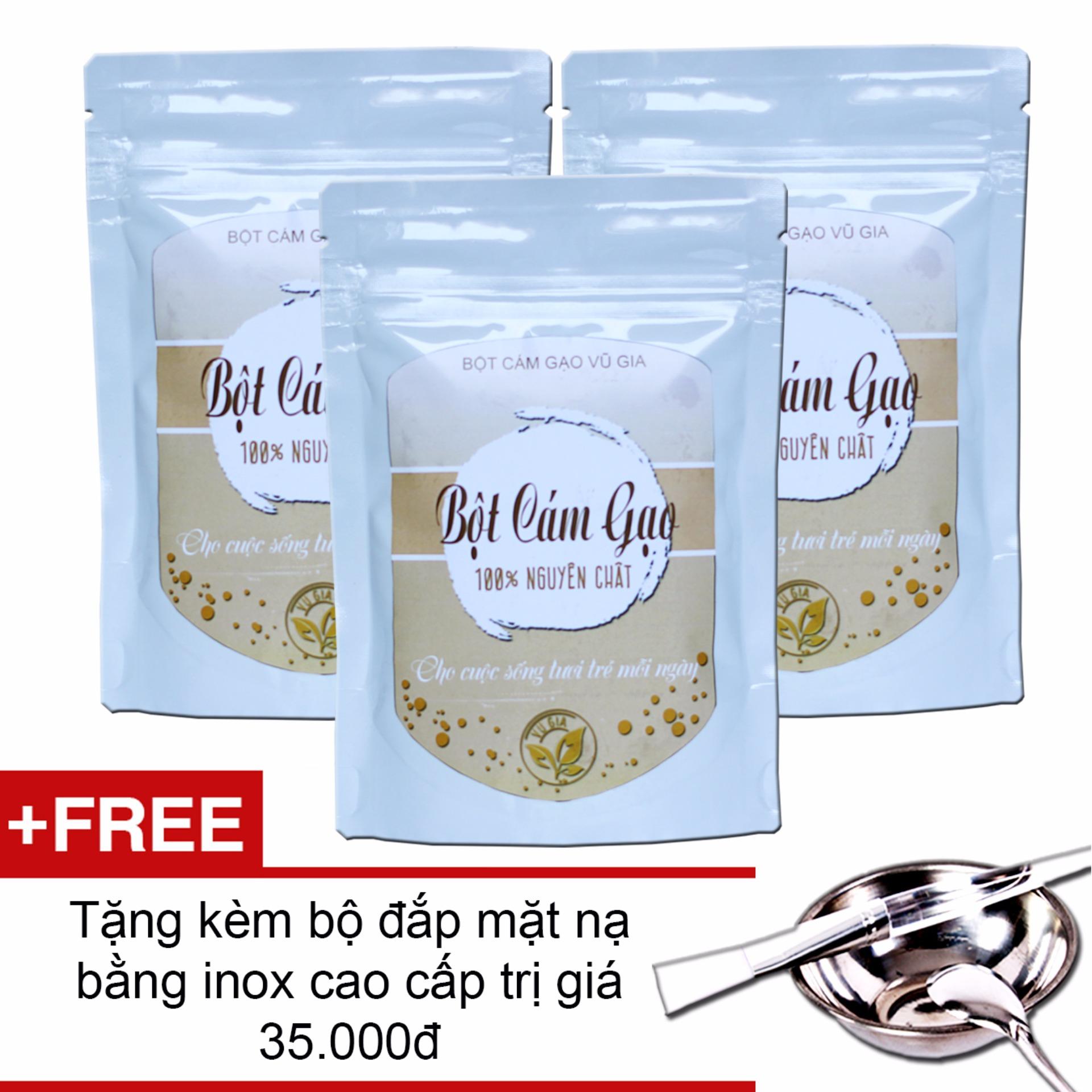 Bộ 3 bột cám gạo tắm trắng 100g - vg farm + tặng bộ đắp mặt nạ inox cao cấp