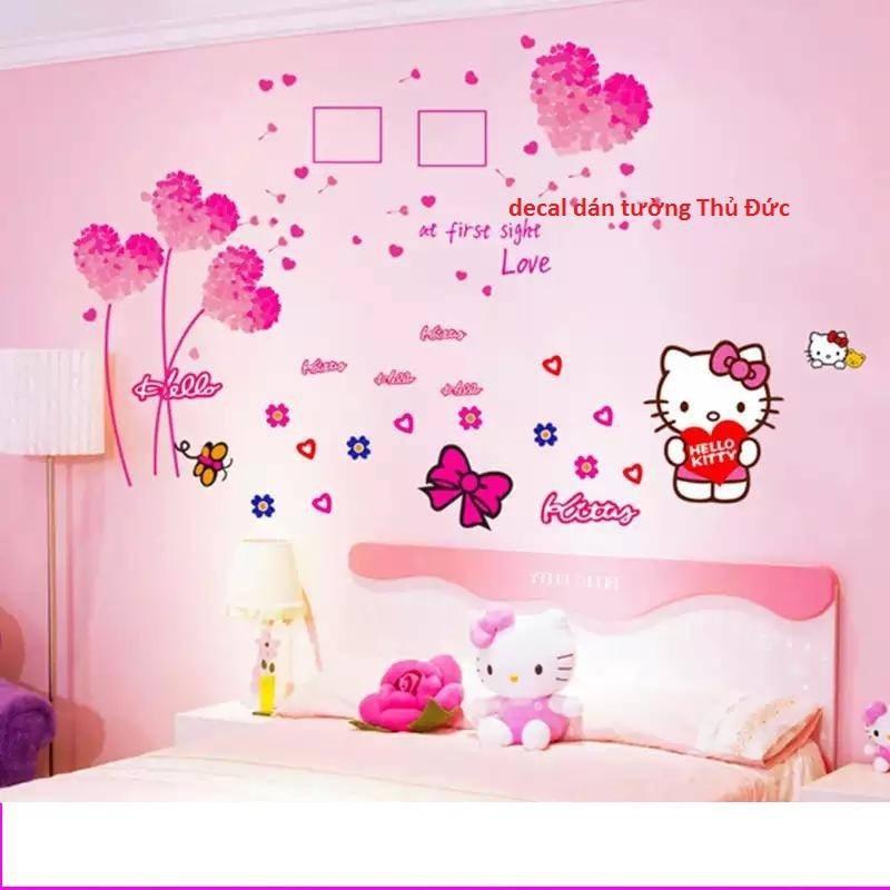 Combo decan dán tường hoa trái tim và mèo kitty - cb038
