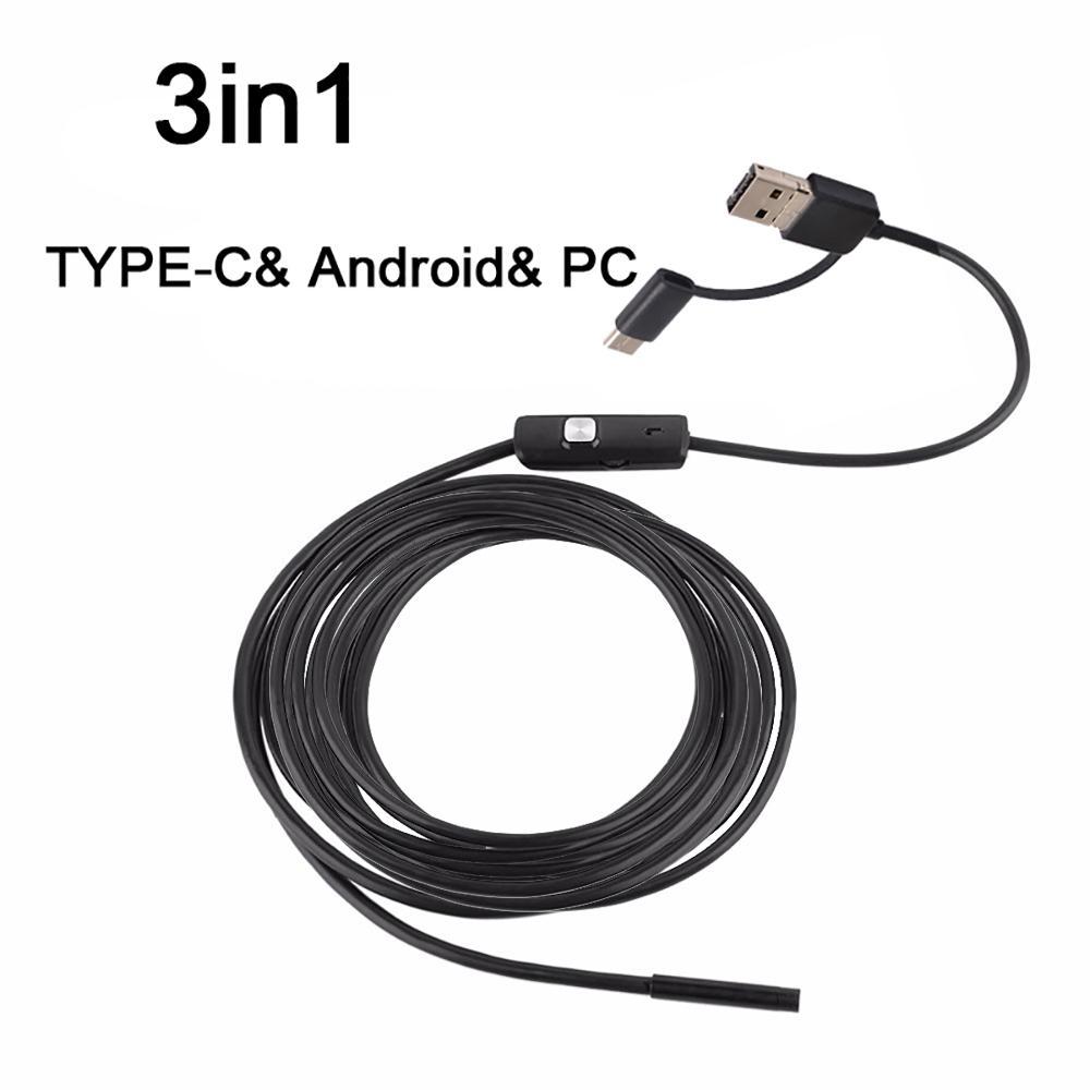Camera nội soi 3 trong 1 đường kính  5,5mm - dài 1m  cho điện thoại và máy tính (Đen) - Chống nước IP67
