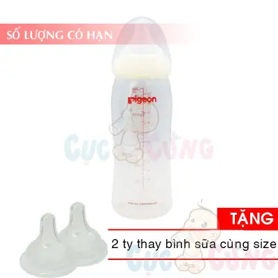 Bình sữa nhựa cổ rộng Pigeon PP 330ml Tặng 2 ty thay binh sua cùng size