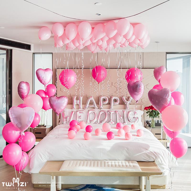 Set chữ happy wedding + 40 bong bóng + 7 bóng tim + ruy băng - valentine, ngày cưới wedding tông màu hồng bạc