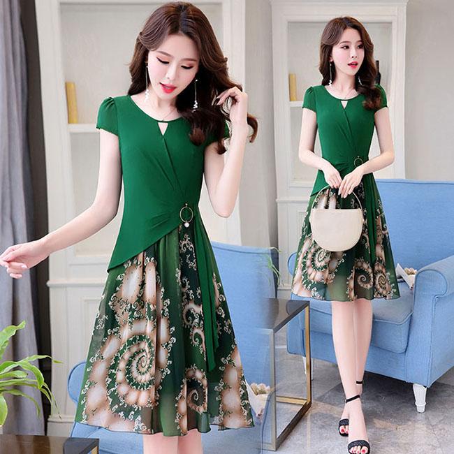 Đầm xòe phối chân váy hoa (m xanh