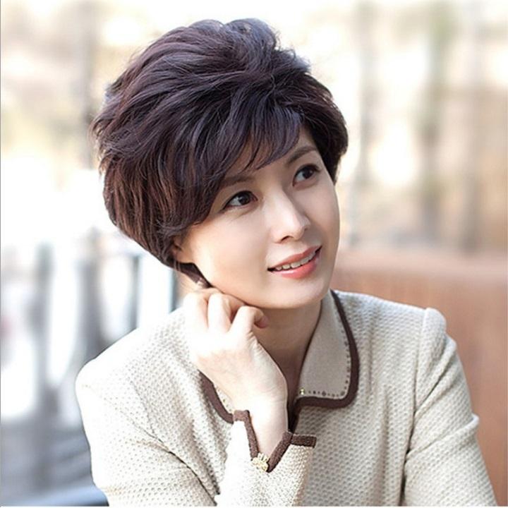 Tóc giả nữ trung niên nguyên đầu, tóc giả cao cấp làm bằng tơ mềm mượt như tóc thật (màu nâu) + tặng kèm lưới