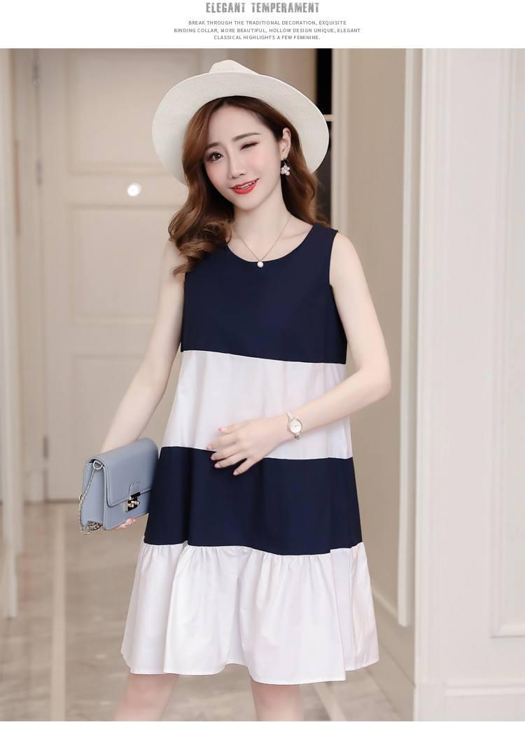 Đầm Bầu Váy Bầu Xanh Phối Trắng Sát Nách Dáng A 1235