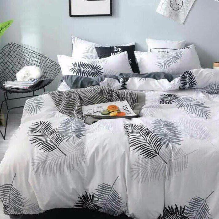 -bộ chăn ga gối cotton đũi nhập lá cọ hiện đại.
