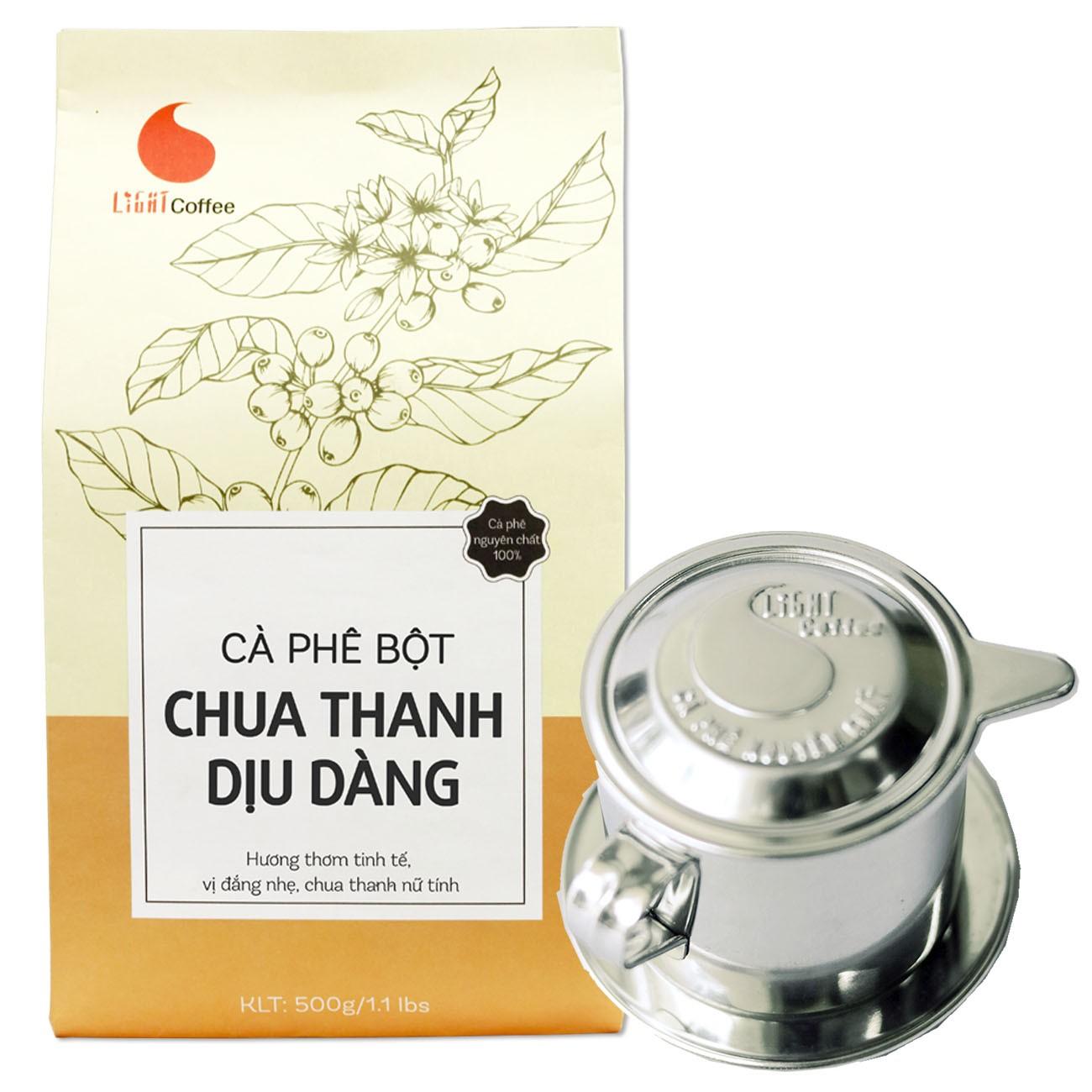 Combo phin pha cafe inox cao cấp và cà phê bột nguyên chất 100% chua thanh dịu dàng Light Coffee 500gr