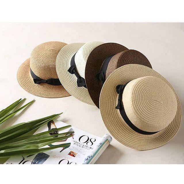 Nón cói đi biển vành nhỏ kèm nơ Vintage (Nơ đen) - Hàng cao cấp