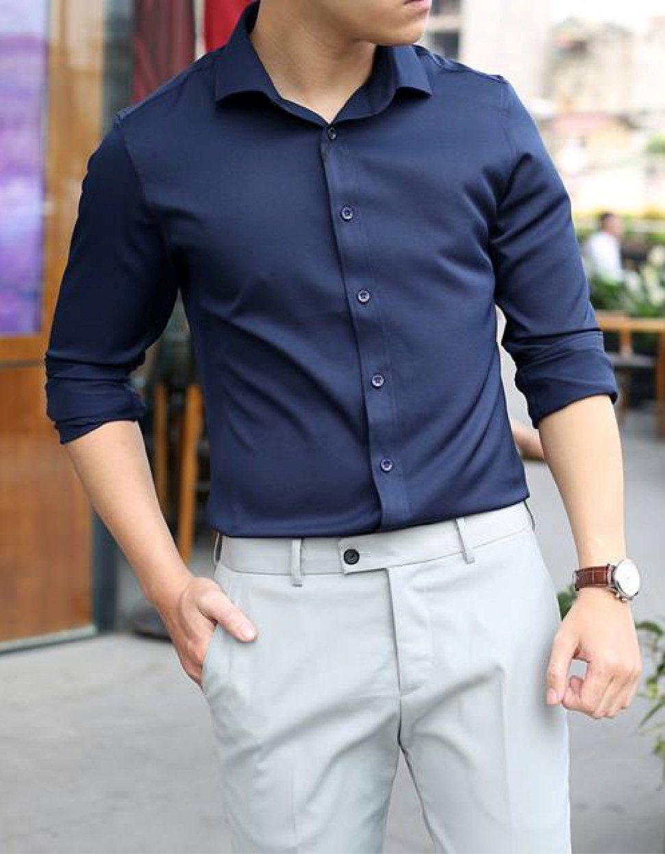 Sơ mi nam Tím Than vải lụa thái chống nhăn, Áo sơ mi nam loại đẹp, so mi nam giá rẻ