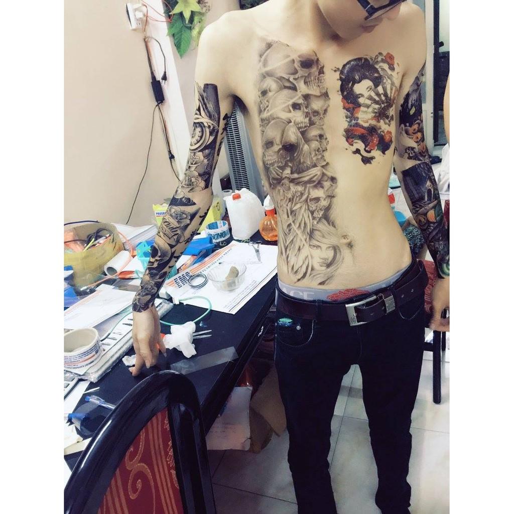 [HCM]Combo 3 tấm hình xăm dán tattoo: 2 tấm 17x48cm đầu lâu và 1 tấm 15x21cm  cô gái Nhật (Tặng ngay 1 tấm 10x20cm. Tặng 1 tấm bắp tay 15x21cm khi mua 2 combo)