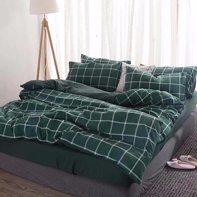 Bộ chăn ga gối cotton đũi nhập caro xanh cổ vịt + ruột chăn dày.
