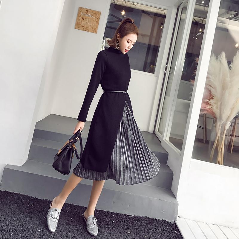 Set áo len xẻ tà + chân váy midi ánh bạc xếp ly thời trang kèm belt