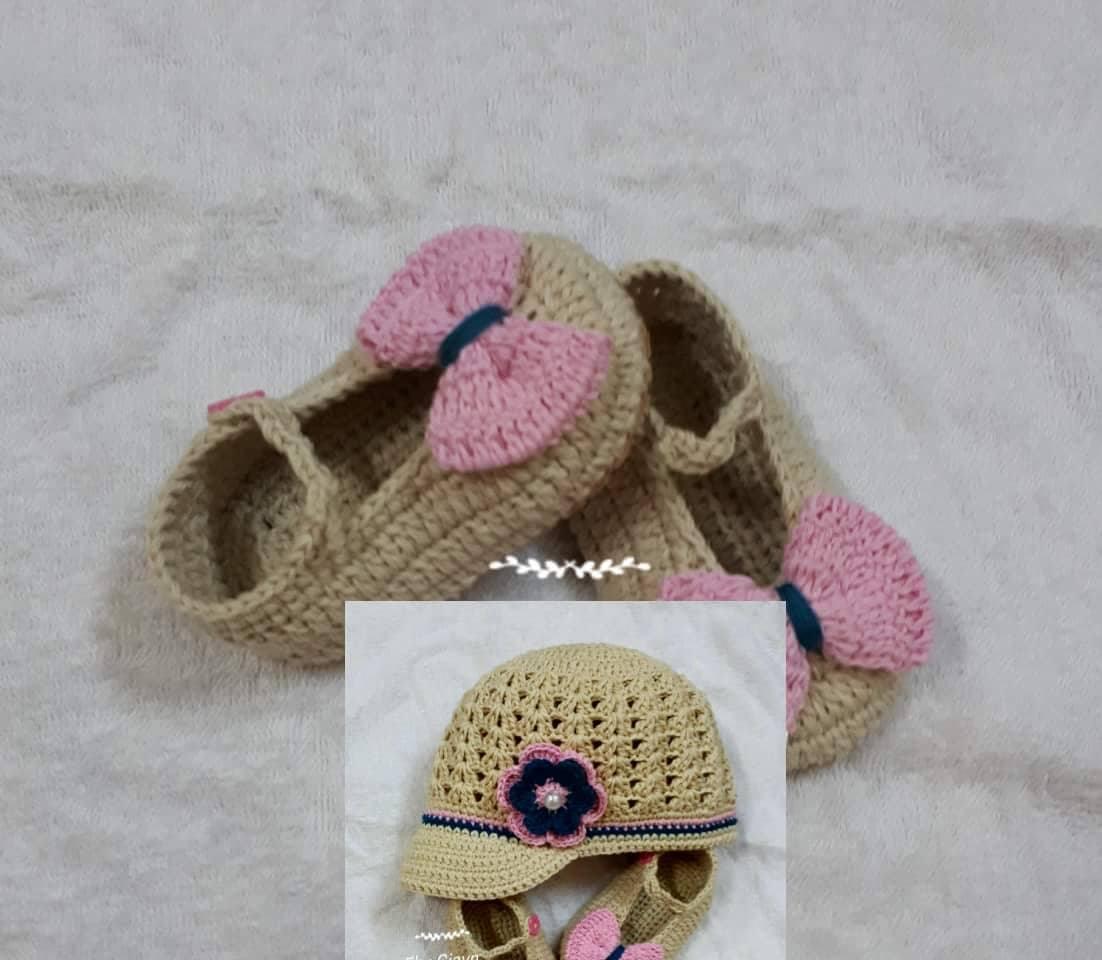 Set giày và nón len baby cho bé sơ sinh xám nơ hồng-Ondo