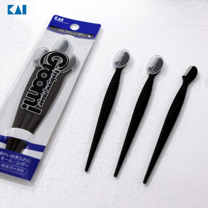 Set 3 dạo cạo lông mày cán dài KAI màu đen hàng Nhật