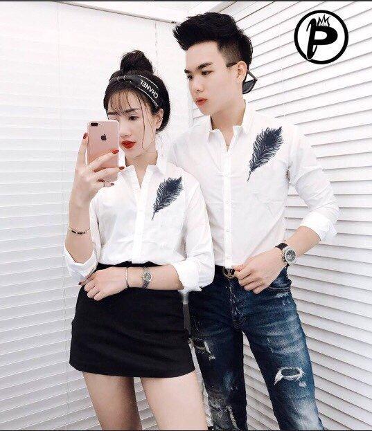Áo sơ mi nam nữ, cặp đôi, màu trắng, in hình phong cách hàn quốc