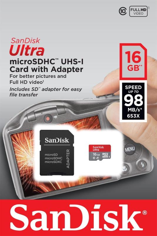 Thẻ nhớ MicroSD SanDisk Ultra A1 Class 10 16GB 98Mb/s (có Adapter) - Hãng Phân Phối Chính Thức