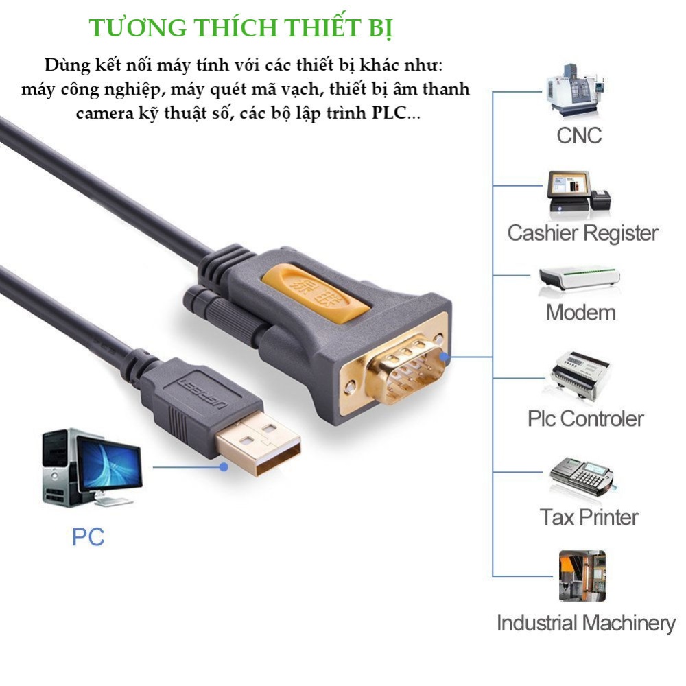 Dây USB 2.0 sang COM DB9 RS-232 chipset PL2303TA dài 1-3m UGREEN CR104 Dây USB 2.0 sang COM DB9 RS-232 chipset PL2303TA dài 1-3m UGREEN CR104