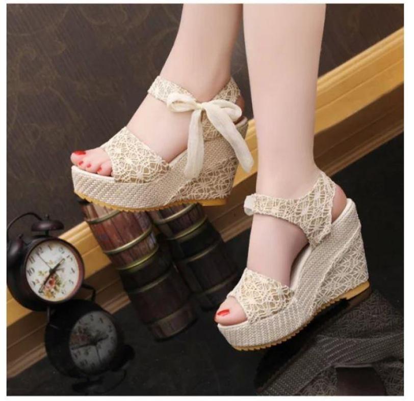Dép Sandal nữ đế xuồng phối ren 9 phân buộc nơ full size full box trắng vàng đen Size 35 đến 40 V115 giá rẻ