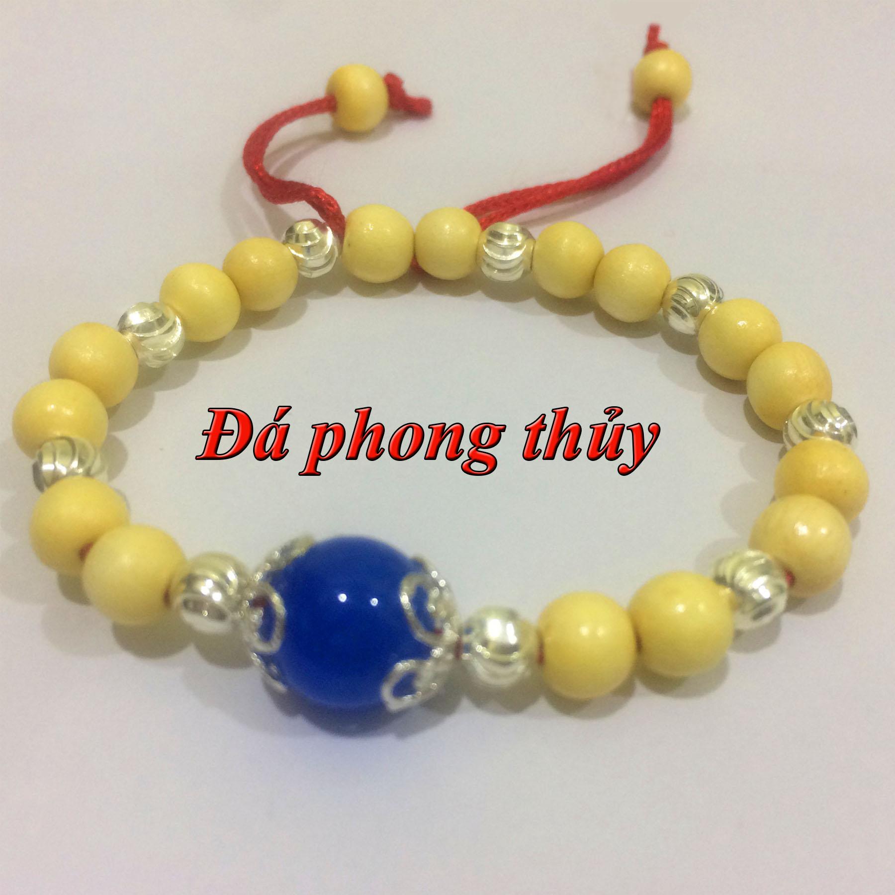 Vòng dâu tằm trừ tà cho bé gái 9 bi ốp bạc màu xanh nước biển