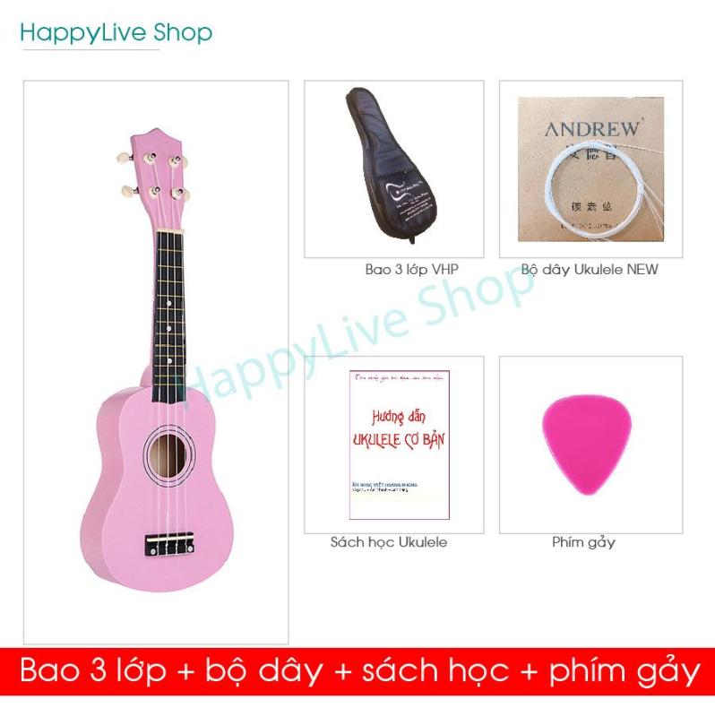 [HCM]Đàn Ukulele Pink Soprano + Bao da 3 lớp + Bộ dây dự phòng + Phím gảy Alice + Sách học - HappyLive Shop