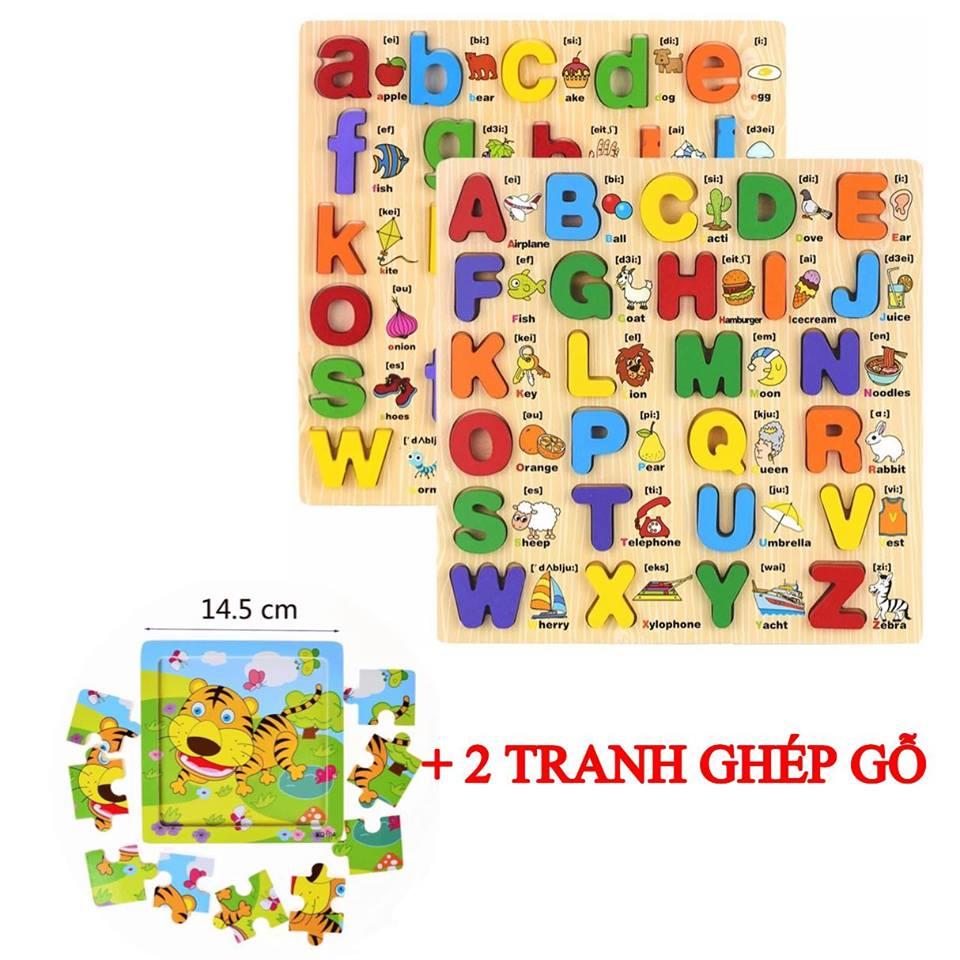 [ TẶNG 2 TRANH 9 MIẾNG GHÉP ] Bộ 2 Bảng Chữ In Thường In Hoa Song Ngữ Bằng Gỗ Sản Xuất Theo Phương Pháp Montessori Cho Bé Vừa Học Vừa Chơi, Đồ Chơi Giáo Dục Trẻ Em